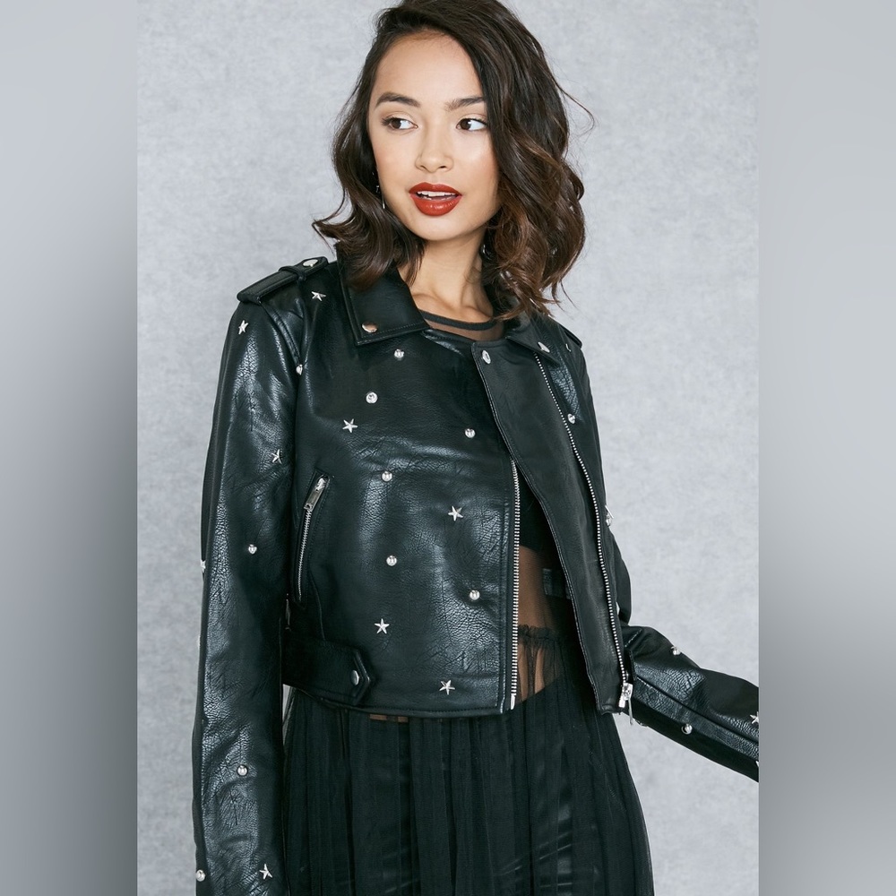 Black Star Studded Moto faux Leather Jacket